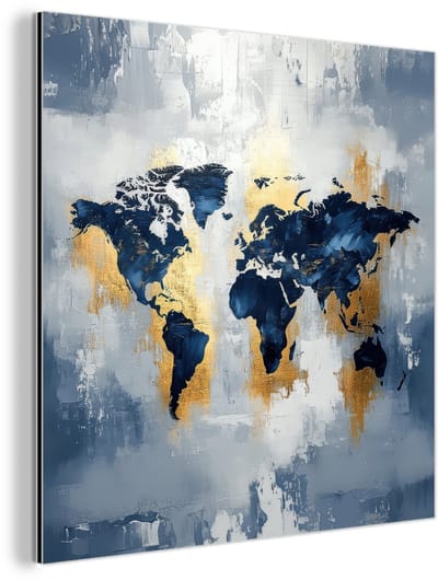 Aluminium schilderij 90x90 cm - Wanddecoratie metaal - Wereldkaart - Blauw - Abstract - Metalen muurdecoratie woonkamer - Decoratie industrieel - Foto op dibond - Industriële accessoires slaapkamer