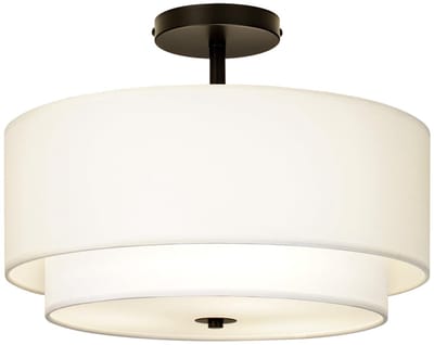 Dubbele trommel, 3-lichts, semi inbouw plafondlamp, wit klassiek stoffen linnen schaduwontwerp voor woonkamer, slaapkamer, keuken, eetkamer, hal en ingang
