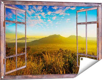 Gards Tuinposter Doorkijk Bergen met Mist in Thailand - 90x60 cm - Tuindoek - Tuindecoratie - Wanddecoratie buiten - Tuinschilderij