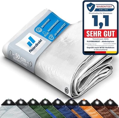 FLOORDIREKT Dekzeil - Stoffen Dekzeil - Beschermhoes - Bootzeil - Tentonderzeil voor Camping & Outdoor - Waterdicht - Met Zeilogen - 140 g/m² - Blauw - 1,5 x 6 m