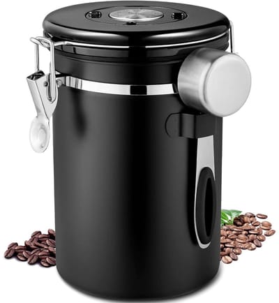 EXCITAT Koffieblik - Roestvrij staal - Met lepel - Luchtdicht koffieblik - Geschikt voor thuis, café, dessertwinkel, hotel - Zwart