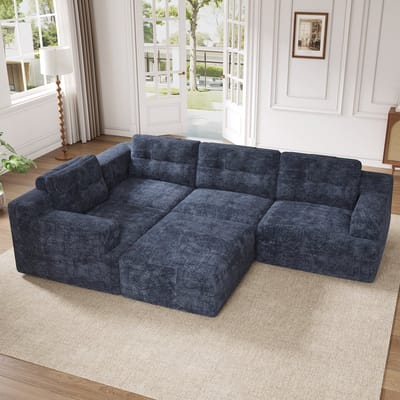Moderne Hoekbank, 5-Zitsbank, L-Bank, U-Bank, Modulaire Combinatiebank, Flexibel Te Configureren Als L-Vorm Of U-Vorm, Frameloze Constructie Van Schuim, Geen Montage Nodig, Chenille Bekleding-Blauw