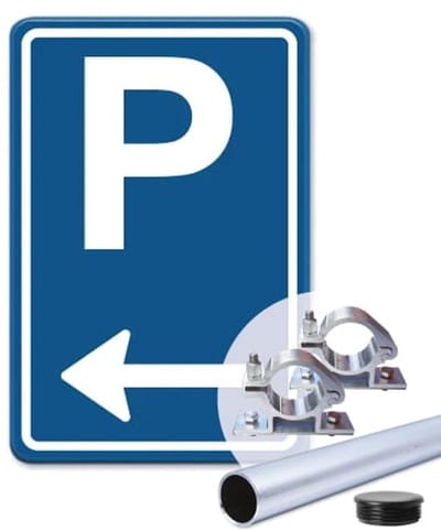 Parkeerbord Pijl links - blauw - Weerbestendig Aluminium - 30x45 cm - Bevestiging: Met paal 150 cm + paalbeugels + paaldop
