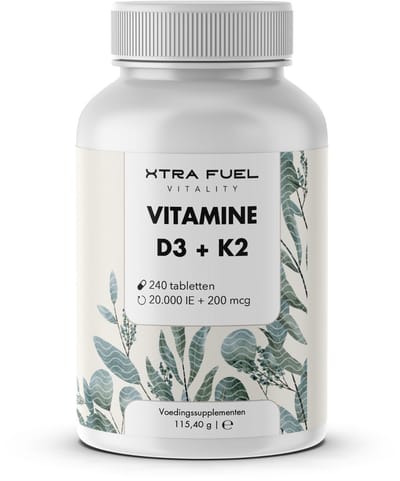 XTRA FUEL Vitamine D3 K2 20000 IE + Vitamine K2-MK7 99,7+% All-Trans - 240 tabletten - hooggedoseerd en zonder toevoegingen, laboratoriumgeteste kwaliteit