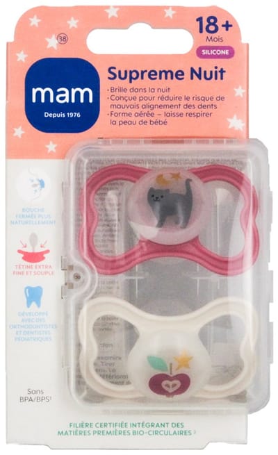 MAM 2 Fopspenen Supreme Nuit 18 Maanden en + (Kleur : Roze kat en appel)