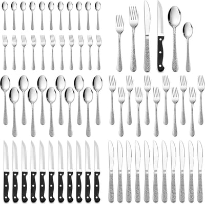 Candala Bestekset, 72-delig, roestvrij staal, met steakmessen, voor 12 personen, modern eetbestek-set met hamergreep, mes, vork, lepelset voor thuis/restaurant, vaatwasmachinebestendig