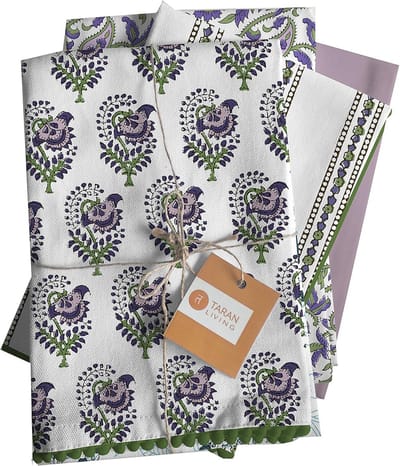 Set van 4 Katoenen Theedoeken Bloemmotief Wit & Lila - Absorberende Keukenhanddoeken 45x70 cm