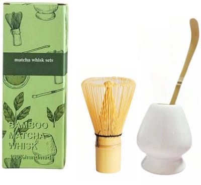 longziming -Traditionele Matcha Theeset – 3-Delige Japanse Set met Bamboe Klopper, Theelepel en Keramische Houder – Authentieke Matcha Ceremonie – Wit
