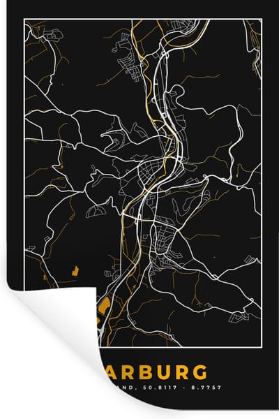 Muurstickers - Sticker Folie - Black and Gold – Stadskaart – Marburg – Duitsland – Plattegrond – Kaart - 20x30 cm - Plakfolie - Muurstickers Kinderkamer - Zelfklevend Behang - Zelfklevend behangpapier - Stickerfolie