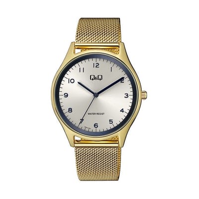 Q&Q Q00A-004PY - Horloge - Analoog - Mannen- Heren - Mesh/Milanese band - Rond - Metaal - Cijfers - Goudkleurig - Zilverkleurig -Blauw