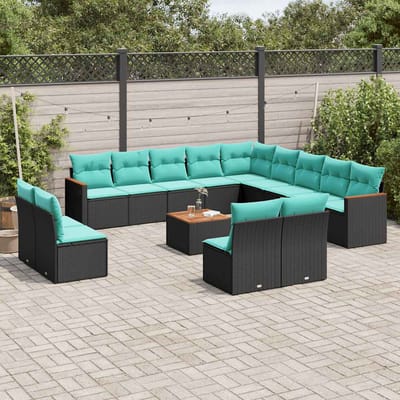 vidaXL - 14-delige - tuinbankset - met - kussens - van - zwart - polyrotan