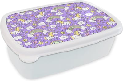 Broodtrommel Wit - Lunchbox - Brooddoos - Unicorn - Patroon - Regenboog - Kind - 18x12x6 cm - Volwassenen