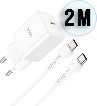 Hoco 20W Snellader + Kabel - Wit - USB C Stekker met Kabel Geschikt voor Telefoon en Tablet - PD & QC Oplader Inclusief 2m Type-C naar Type-C Kabel