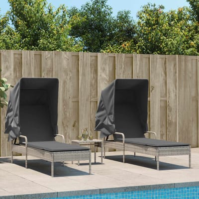vidaXL - Ligbedden - 2 - st - met - luifels - en - tafel - poly - rattan - lichtgrijs