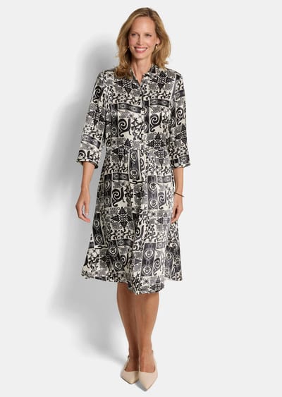 Jurk met overhemdkraag van viscose-satijn - steengrijs / zwart / gedess. - Gr. 19 van Goldner Fashion