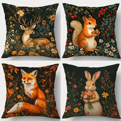 4-Delige Bedrukte Dierkussensloopset – Vintage Natuurstijl met Herten, Eekhoorns, Vossen, Konijnen, Flora & Bessen 50x50cm