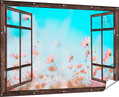 Gards Tuinposter Doorkijk Paarse Kosmos Bloemen - 180x120 cm - Tuindoek - Tuindecoratie - Wanddecoratie buiten - Tuinschilderij