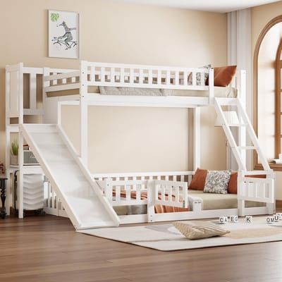 REDOM Luxe Twijfelaar Stapelbed (140x200) met Glijbaan & Opbergruimte - Ruimtebesparend Familiebed - Massief Hout - Wit