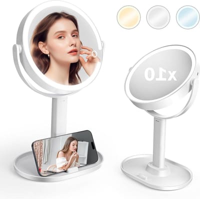 Make-up spiegel Vergrotingsspiegel met licht 10-voudig-1-voudige dubbelzijdige tafelspiegel- 3 kleurlichten - draadloze dimbare make-upspiegel voor op reis