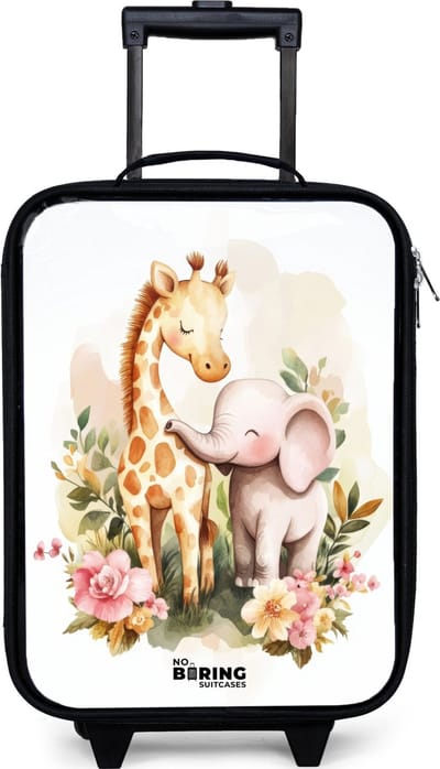 NoBoringSuitcases.com® - Kinderkoffer jongen - Kindertrolley meisje - Giraffe en olifant tussen bloemen op witte achtergrond - Koffer kind lichtgewicht - Reiskoffer trolley voor kinderen - Koffertje met lichtgevende wieltjes - Rolkoffer zwart