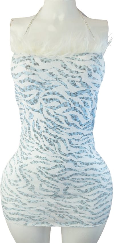 BamBella® - Jurk - Onesize - Erotische sexy nacht jurkje blauw wit doorzichtig kant - Super Stretch imitaite bont