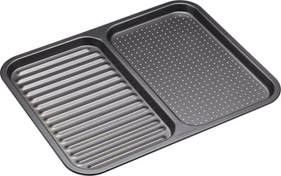 KitchenCraft MasterClass 2-Delige Bakplaat Met Antiaanbaklaag / Geribbelde Bakplaat - Koolstofstaal 39 x 31 x 1,5 Centimeter Grijs