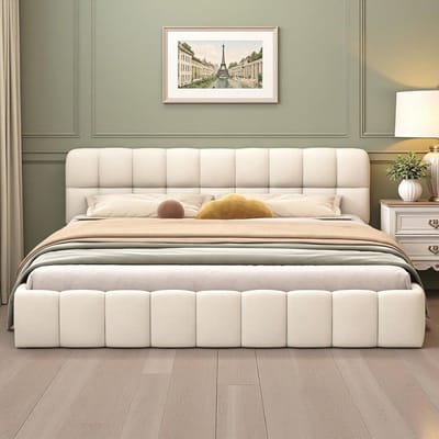 Gestoffeerd tweepersoonsbed 160x200cm met lattenbodem en rugleuning - Beige