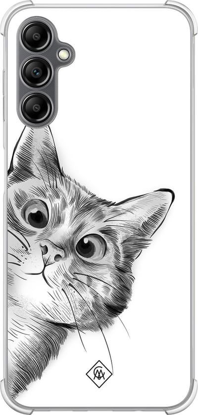 Casimoda® hoesje - Geschikt voor Samsung Galaxy A14 5G - Kat Kiekeboe - Shockproof case - Extra sterk - TPU/polycarbonaat - Grijs, Transparant
