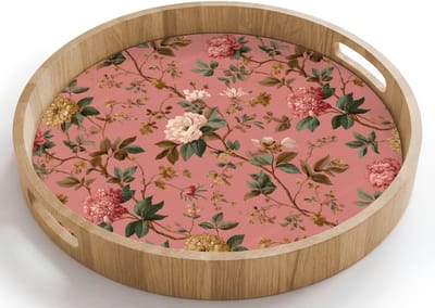 Dienblad rond 40x40 cm - Schootdienblad hout - Klassiek - Botanisch - Roze - Borrelplank rechthoek - Plateau houten dienbladen