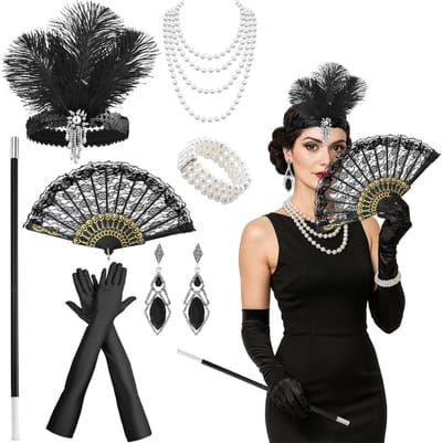Vrouwelijk Gatsby Kostuum Set met 7 Accessoires voor Charleston, Verkleedfeest, Halloween en Kerstmis