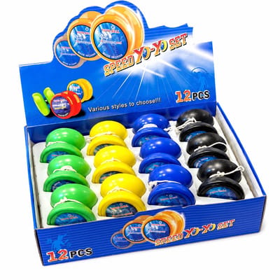 Speed YoYo Set – 12 Stuks YoYo’s in Displaydoos – Assorti Kleuren – Klassiek Speelgoed voor Kinderen – Traktatie / Uitdeelcadeau