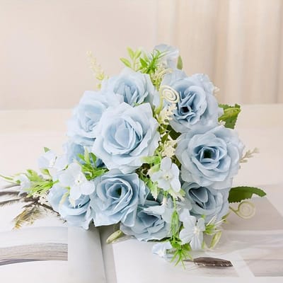 Een Boeket Kunstbloemen, Kleine Bloemen en Mini Rozen voor Binnendecoratie, Geschikt voor Woonkamer Ornamenten Huwelijksdecoraties blauw