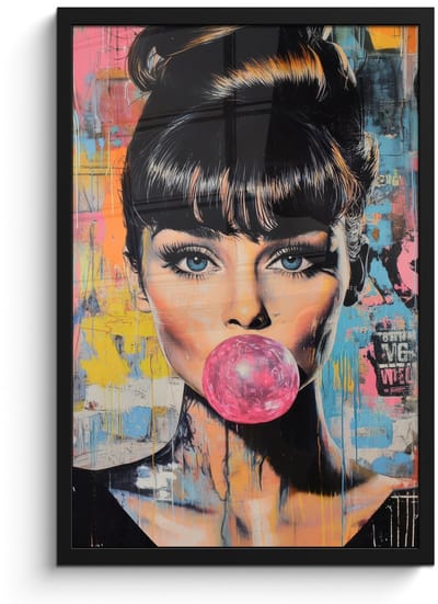 Poster in lijst - Fotolijst 40x60 cm - Posters - Kauwgom - Vrouw - Penseelstreken - Modern - Posterlijst zwart - Decoratie - Wanddecoratie woonkamer - Muurdecoratie slaapkamer