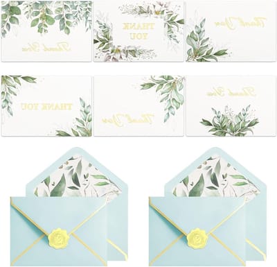 Premium gepersonaliseerde bruiloftskaarten met envelop, 48 stuks, eucalyptuspatroon voor bruid en bruidegom, uitnodigingen en wenskaarten (15 x 10 cm)