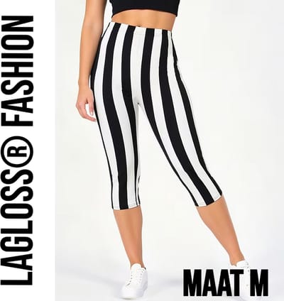 LaGloss® Dames 3/4 Yoga Legging Met Hoge Taille Zwart & Wit Gestreept – Hoge Stretch Sportlegging – Comfortabele Gym & Yoga Broek – Maat M