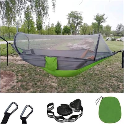 Dubbele Hangmat - Kampeerhangmat Klamboe - Buiten Ontspannen - Pop-up Installatie - 270x140 cm - Groen Grijs