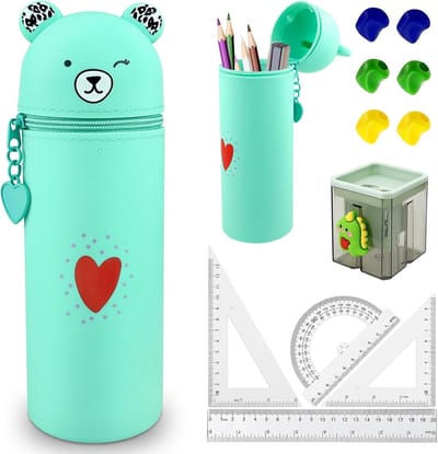 Schattig Siliconen Pennenbakje met Potloodslijper en Schrijfhulp - Kawaii Groen Etui