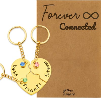 BFF Sleutelhanger voor 3 'Forever Connected' - Hartje Puzzelstukjes & Kristal - Sleutelhanger set op Cadeau Kaartje - Goudkleurig - Vriendschap Symbool - Pax Amare