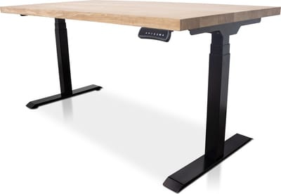 Zit-sta bureau met massief eiken blad 180 x 90 cm - MRC PRO NEN-EN 527 - elektrisch verstelbaar - frame zwart - 130 cm hoog - 150KG draagvermogen