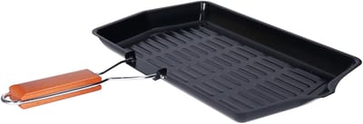 Zwarte grillpan/braadschaal 38 x 45 cm met anti-aanbak laag en houten handvat - Grillpannen - Koken - Vlees/voedsel grillen