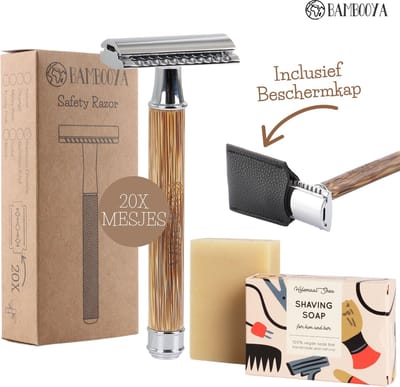 Bambooya Starterskit Duurzaam Scheren - Safety Razor + 20 mesjes + Duurzaam scheerzeep + Safety Razor Beschermkap - Voor Vrouwen en Mannen - Zero Waste