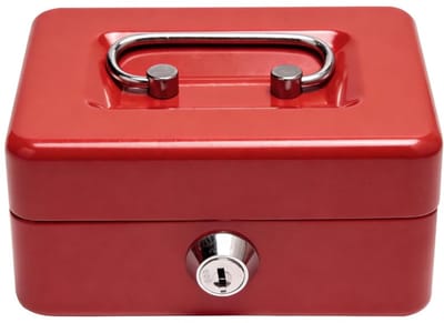 Dailygoods - Geldkistje, metaal, klein, rood met inzet voor munten, afsluitbaar met sleutel met handvat, geldbox, kassa met gleuf, drinkgeldkassa, spaarkassa, koffiekassa, 12,5 cm