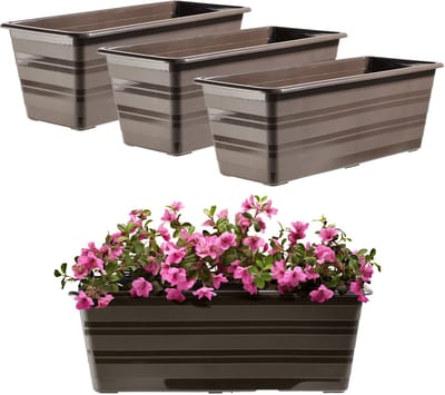 KADAX Set bloembak, balkonpot van kunststof, weerbestendige plantenbak, bloempot, balustrade voor bloemen, 3 x 40 cm, bruin
