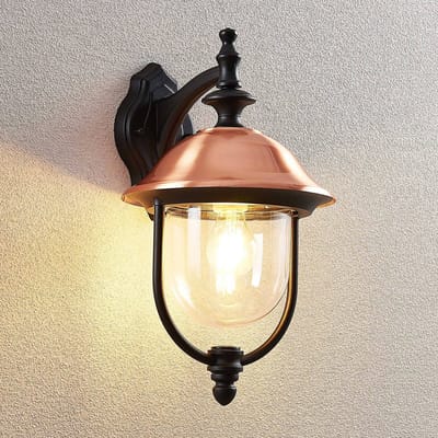 Lindby - Wandlamp buiten - 1licht - Aluminium, koper, kunststof - H: 44 cm - E27 - zwart, koper, transparant