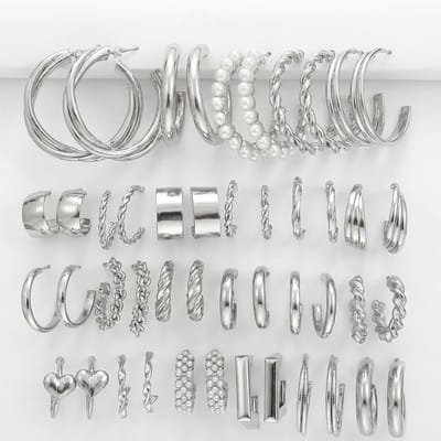 24 delige zilverkleurig oorbellen set voor dames met ringen, oorstekers en diverse designs