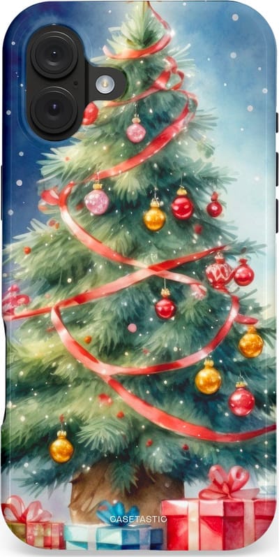 Casetastic hoesje geschikt voor Apple iPhone 16 Plus - MagSafe - Dubbellaagse bescherming - Aquarel Kerstboom Cadeau - Fashion Case - Grijs Donkerblauw Saliegroen Beige