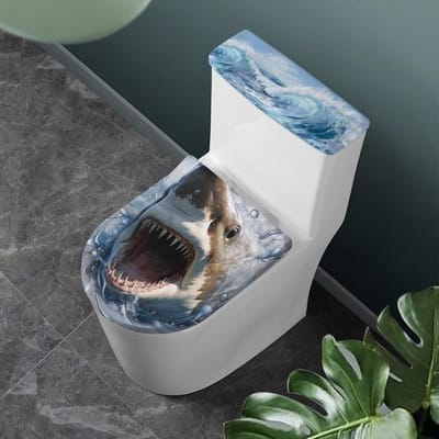 Toiletdeksel Hoezen Set - Toilet Tank Deksel - Badkamer Decoratie - Elastische Rand - Past Meeste Maten - Zeehaai Print
