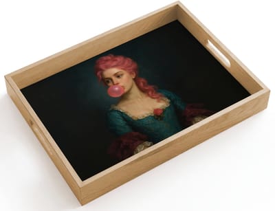 Dienblad hout 40x30 cm - Schootdienblad - Vrouw - Portret - Kauwgombel - Borrelplank rechthoek - Plateau dienbladen
