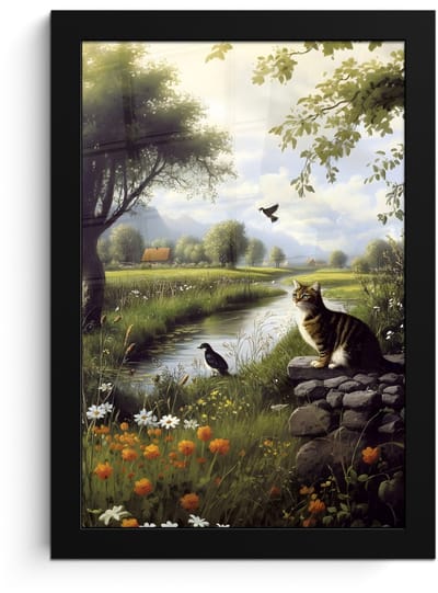 Poster in lijst - Fotolijst 20x30 cm - Posters - Kat - Beekje - Weide - Posterlijst zwart - Decoratie - Wanddecoratie woonkamer - Muurdecoratie slaapkamer