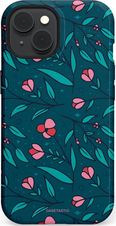 Casetastic hoesje geschikt voor Apple iPhone 15 - MagSafe - Dubbellaagse bescherming - Blauwe Groene Bloemenpracht - Fashion Case - Petrol Donkergrijs